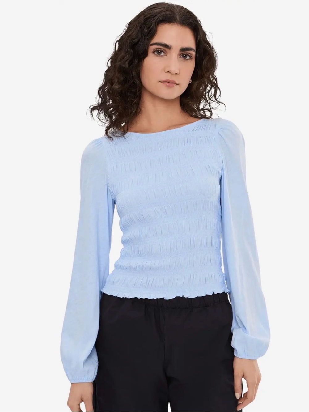 Madewell Women’s Light Blue Smocked Boatneck Long Puff Sleeve Top Medium NWT